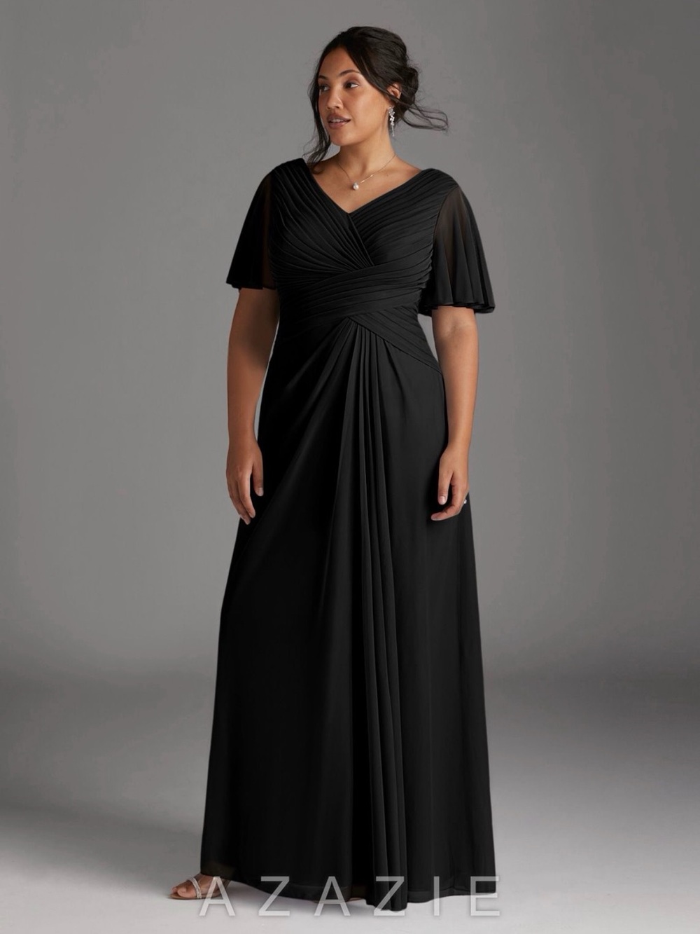 Azazie Black V-Neck Ruched A-Line Maxi Dress plus size 22